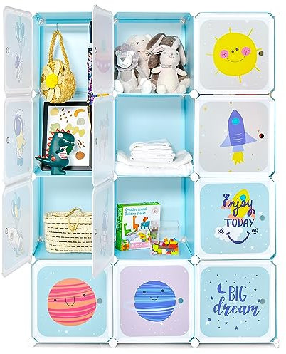 COSTWAY Kinder Kleiderschrank, Regalsystem aus Kunststoff mit 12 Würfeln, Kinderregal erweiterbar mit Türen & 2 Aufhänger, Aufbewahrungsschrank niedlich für Kinderzimmer, Spielzimmer
