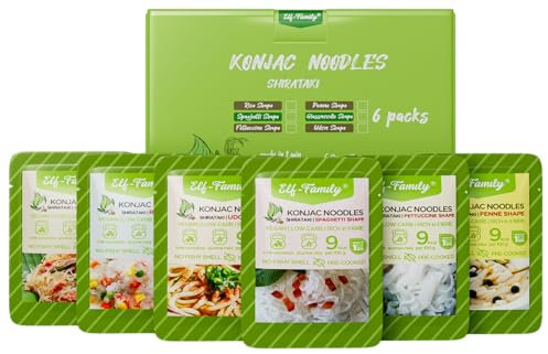 Elf-Family Premium 5+1 piccole porzioni Pasta di Konjac Shirataki 97% Meno Calorie/9kcal Low Carb/Keto/Vegan - Spaghetti/Noodles di Vetro/Fettuccine/Riso/Penne/Udon