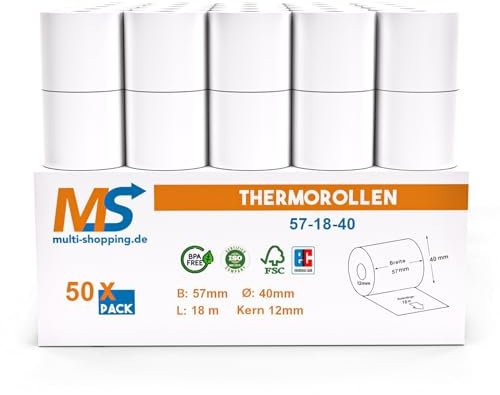 50x Ec-Cash Kassenrollen/Thermorollen/Bonrollen 57mm x 18m x 12mm mit Lastschrifttext (57x40x12) Bpa frei für alle gängigen Thermo Kassen-Bondrucker SEPA-Lastschrifttext B: 57mm x L: 18m Ø40mm