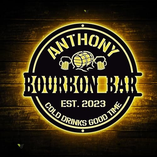 Personalized Home Pub Gin Bourbon Bar Metal Wall Art LED Light Custom Whiskey Cocktail Drinking Name Sign Home Decor Man Cave Wall Art Gift