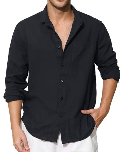 Enlision Mens Black Linen Shirts Long Sleeve Shirts Casual Cotton Henley Shirts Button Down Summer Beach Shirt Banded Collar Holiday with Pocket L