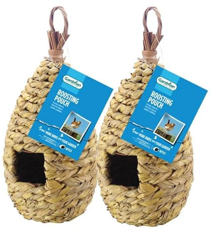 Wild Birds Hanging Roosting Pouch - Pack of 2 Woven Bird House Hanging Bird Hut Nest Shelter for Outside Outdoor Small Garden Birds with Topline Card