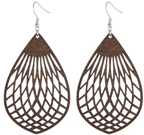 Emibele Holz-Ohrringe für Frauen - Vintage Bohemian Tropfen Geometrische Anhänger, Handgemachte Leichte Schmuck Geschenk für Mädchen, Braun