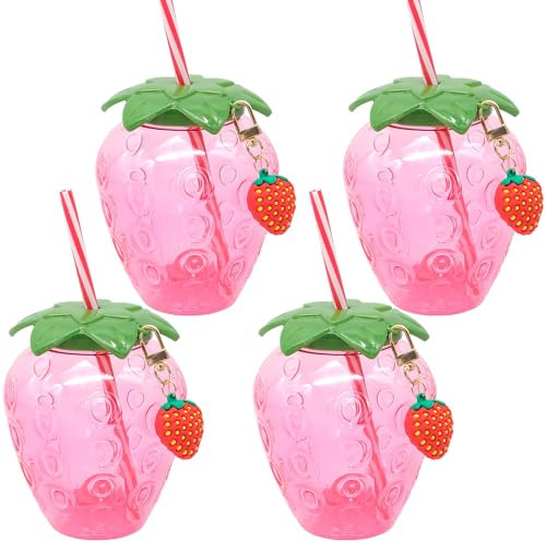 4 Pcs Copa de fresa Kawaii, Taza de beber de fresa, Vasos de fresa con pajita con adornos de fresa y tapa, adecuado para batidos, jugos de frutas, bebidas frías, 500ml