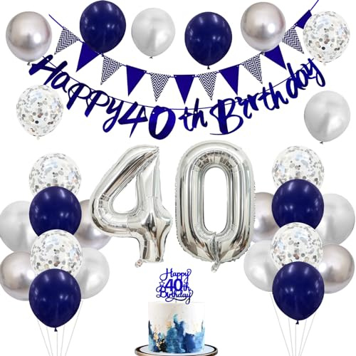 40th Birthday Decorations for Men, Navy Blue Silver 40th Balloons 40th Banner 40 Cake Topper Decor Number 40 Balloon for Women Birthday 40th Party Decoration