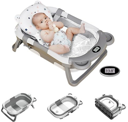 Balakaka 2025 Nouvelle Baignoire Bébé Pliable Avec Coussin De Bain, Ours Baignoire Enfant Avec Thermomètre, Bassin de Douche Portable Antidérapant pour bébé de 0-15 Mois