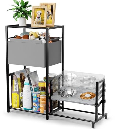 GUIBUKEYAN Elevated Dog Bowls Stand with Pet Storage Organizer, Adjustable Feeding Station Cabinet with Toy Basket for Large, Medium, and Small Dogs