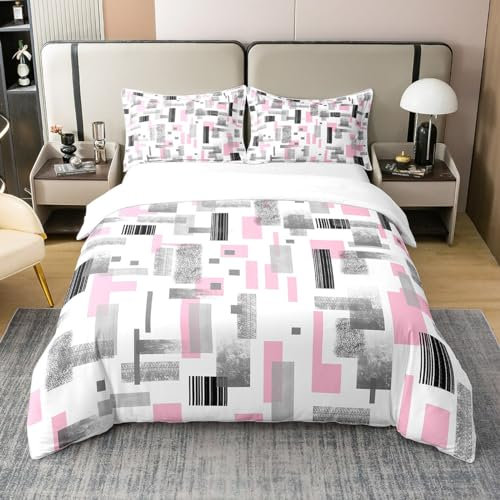Homemissing Rose Gris Géométrique Housse de Couette 200x200cm Modern Abstract Housse de Couette pour Enfantss Filles Géométrie 100% Coton Parure de Lit Art Moderne Literie Set