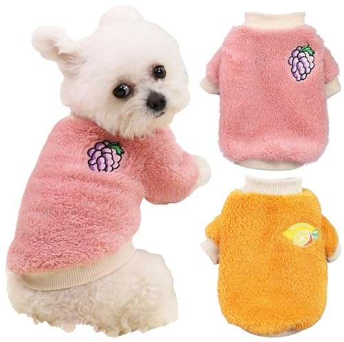 Yaopelky 2PCS Small Medium Dog Winter Clothes Fleece Turtleneck Jumpsuit Cute Fruit Print Cat Outfit for Chihuahua Yorkie Teddy (Pink-Orange, L)