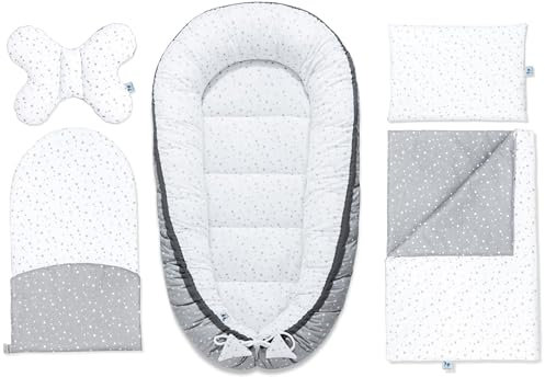 PEPI - 5 teilig Babynestchen Set - Babynest 95x50 - Babydecke - Matratze - Kopfkissen - Kissen - 100% Baumwolle - Baby Erstausstattung Neugeborene - (Baumwolle, grey galaxy)