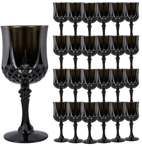 LEYIQU Lot de 24 verres à vin en plastique vintage pour mariage 200 ml | Verre à pied réutilisable en cristal incassable pour fête d'anniversaire et célébration de vacances Noir