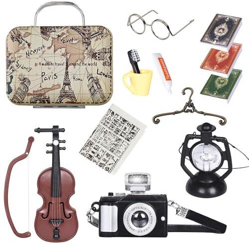 12 PCS Accessori Casa Delle Bambole in Miniatura,Miniature Dollhouse Accessories,Modello per Casa Delle Bambole 1:12, Mini Set Ornamenti con Occhiali Giornali Valigia