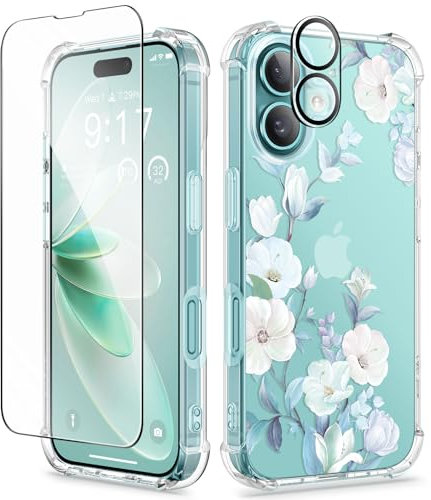 GVIEWIN Kompatibel mit iPhone 16 Hülle,[Kamerasteuerung Button]mit Display& Kameraschutz,Stoßfest Fallschutz Kratzfest Klar Nicht gelb Blumen Dünn Handyhülle für Frauen,Hibiskus