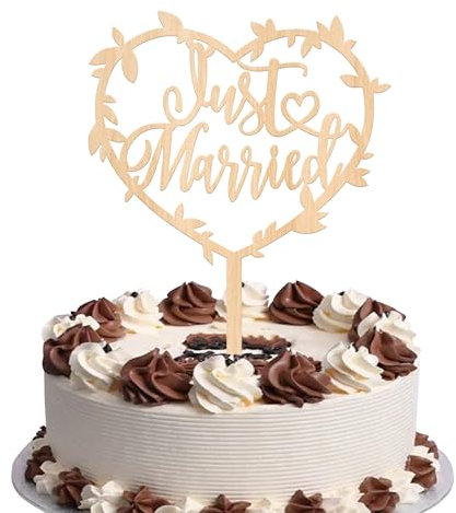 1 Stück Holz Cake Topper Just Married Hochzeit Tortendeko Holz Blätter Liebe Herz Form Kuchen Deko für Braut Dusche Party Kuchen Dekoration