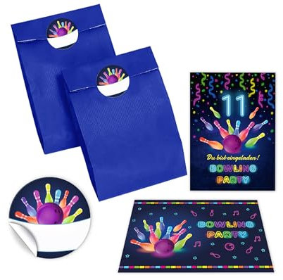 12 Einladungskarten zum 11. Kindergeburtstag Bowling Kegeln Jungen Mädchen Einladung elfte Geburtstag incl. 12 Umschläge, 12 Partytüten/blau, 12 Aufkleber
