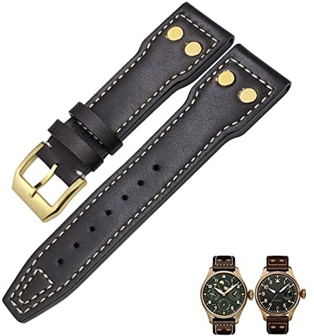 VYSLZ 20mm 21mm 22mm Echtes Leder Bronze Nieten Armband Passend für IWC Bronze Big Pilots Mark 18 Spitfire Uhrenarmband(Dark Brown,20mm)