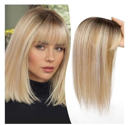 Haaraufsätze für Damen 12-Zoll-Topper aus Echthaar mit Pony, 10 × 12 cm, Topper mit Spitzenbasis, Haarteile, gerader Clip-in-Topper aus Echthaar for Frauen mit dünner werdendem Haar/Haarausfall Haar-T