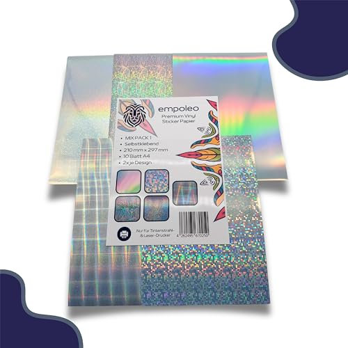 EMPOLEO Holographische Folie A4 10 Blatt Mix Pack Sticker Papier Holographische selbstklebende Folie DIY Bedruckbares Vinyl Bastel Aufkleber Holo Tintenstrahl- Laser-Drucker