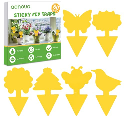 aonova Sticky Fly Traps, 60 Pack Yellow Traps for Indoor Plants, Outdoor Insects Fly Control