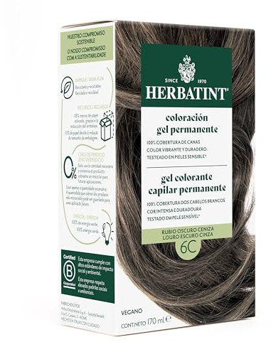 Herbatint Tinte Permanente para Cabello 6C Rubio Oscuro Ceniza - 170 ml | Sin Amoníaco, Cobertura Óptima de Canas | Dermatológicamente Probado, con 8 Extractos Naturales
