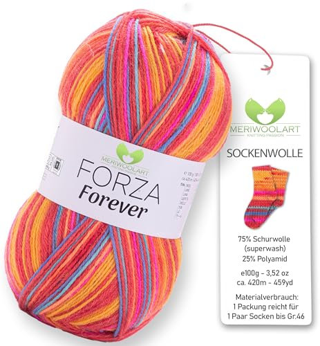 MeriWoolArt® Sockenwolle 4-fädig – 100g Merino Wolle Garn zum Stricken & Häkeln, 75% Schurwolle (superwash), 25% Polyamid, 420m – Ideal für Socken für Herren und Damen, Pullover & Cardigans 2705