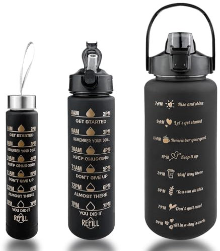 Noxtioanip 3 Pièces Gourde Sport 2L, 800ml, 300ml, Bouteille D'eau Motivante avec Marquages de Temps, Gourde Graduée Anti Fuite, Sans BPA, pour Sport, Voyages, L'école, Bureau, Maison (Noir)