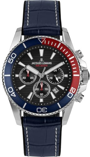 JACQUES LEMANS Herrenuhr Chronograph mit Lederband Blau 1-2206D