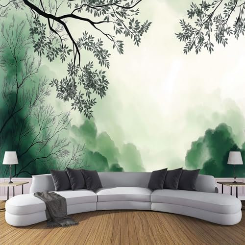 DLERFLOVR Papier Peint Panoramique Forêt Verte 300x210cm Décoration Murale Peinture À L'Encre De ChineTapisserie Décorative pour Chambre Salon Bureau Couloir