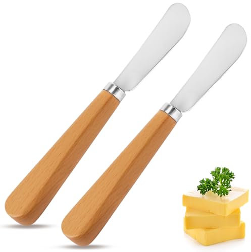 OUZHOU 2PCS Butter Knife, Butter Knives with Wood Handle, Stainless Steel Butter Knife Spreader Rust Resistant, Butter Spreader for Smooth Spreading Cream Cheese Jam, Ideal for Bagels, Sandwiches