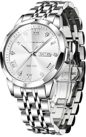 PINDOWS Luxus-Herrenuhr mit Diamanten, Business-Dress-Stil, analoges Quarzwerk, wasserdichte Armbanduhr, Leuchtzeiger, Datumsanzeige, zweifarbiges Edelstahlband, klassischer Business-Casual-Stil