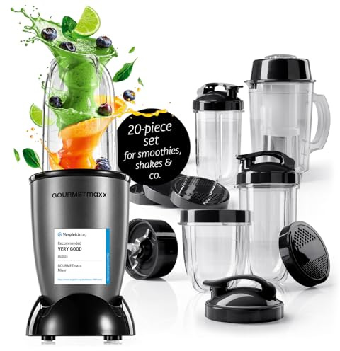 GOURMETmaxx Mr. Magic Power Pro Mixer 400 Watt | Smoothie Maker mit to go Deckel | Standmixer mit Mixbecher & Frischhaltedeckel zum Aufbewahren | Blender mit Zubehörset XL für Shakes, Smoothies etc.