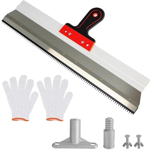 SKJJM Stehrakel Großflächenrakel 560mm mit Stielhalterung & Handschuhen, Zahnrakel mit Softgriff, Edelstahl Flächenspachtel, Ausgleichsmasse für Gleichmäßigen Auftrag von Bodenbeschichtungsmassen