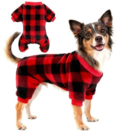 Pigiama Natalizio Cane Maglioncino Natalizio in Pile per Cane Pigiama Quadri Cani Maglione Natalizio Cani Morbidi Canes Completo Vestiti Cuccioli Caldo Inverno Pigiamas Canes (Rosso,L)