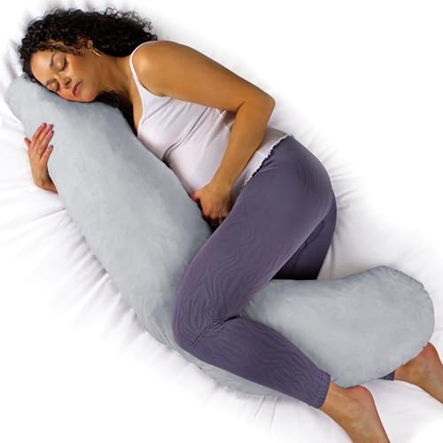 Aamira L Shaped Pregnancy Pillow, Memory Foam, Velvet Cover, Light Grey | 145 x 25 x 20cm maternity pillow with shredded memory foam, full-body L-shape support and removable washable velvet cover.