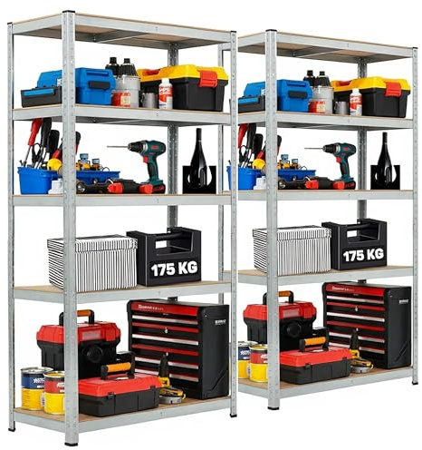 LUXTROUS Garage Shelving Units, 2 Pack 5-Tier Shelves, 175kg Per Shelf, 5mm MDF Boards, Shed Storage Racking Shelf Adjustable Metal BOLTLESS Design for Living Room,Office(Silver,70x30x150cm)