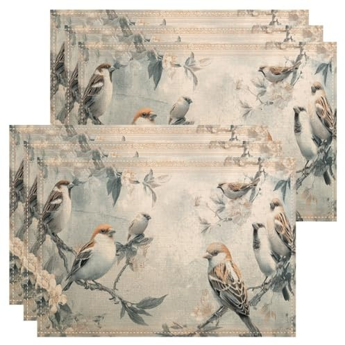 Platzsets mit Vögeln und Blumen, Vintage-Stil, Shabby-Chic-Stil, für den Esstisch, Frühling, saisonal, rutschfest, waschbar, für drinnen und draußen, Küche, Party, dekoratives Tischset, 6 Stück