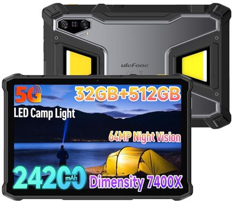 Ulefone Armor Pad 5 Pro 5G Outdoor Tablet Mit 24200mAh Akku, Android 15, Dimensity 7400X, 32GB+512GB Robustes Tablet 11 Zoll FHD+ 1000 Lumen LED, 64MP Nachtsicht, IP68 Wasserdicht Stoßfest, NFC/GPS