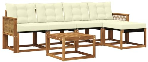 vidaXL Outdoor-Sofagarnitur mit Kissen 6 pcs Natur und Creme, Gartenmöbel, modernes Outdoor-Sofa, modulare Sitzgruppe für Terrasse und Lounge, langlebig und bequem