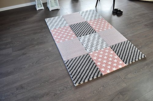 Hochwertiger FLORA Design Teppich Relief TF-19 Rosa Grau Weiß STERNE 120 x 170