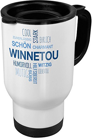 printplanet Thermobecher weiß mit Namen Winnetou - Motiv Positive Eigenschaften (Tag Cloud) - Coffee to Go Becher, Thermo-Tasse