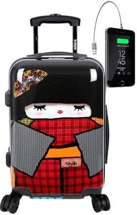 TOKYOTO Valise Cabine Trolley pour Enfants Garçons 55x35x20 55x40x20 cm Bagage Sac de Voyage avec Connexion USB Serrure TSA Légère Robuste pour Les Fans De Kokeshi Japonais et Dessin Animé