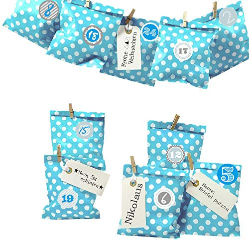 Frau WunderVoll® DIY Adventskalender zum Befüllen Bescherung: Set Punkt 154, Papiertueten flach 13x16,5cm, beachblau Punkt, Ziffern blau