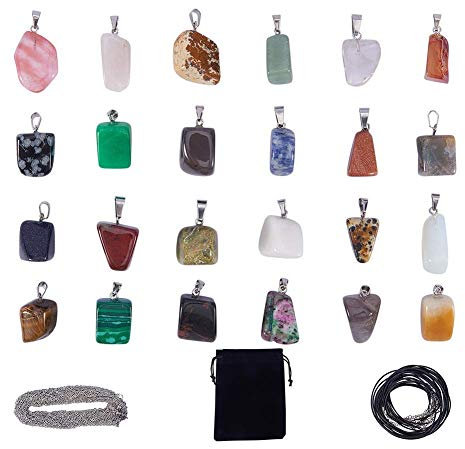 SUNNYCLUE 48Pcs 24 Sets Mixed Irregular Shape Healing Gemstone Chakra Beads Crystal Stone Charms Pendants Leather Cord Necklace Cross Chains & Storage Bag for Beginners Necklace Jewellery Making