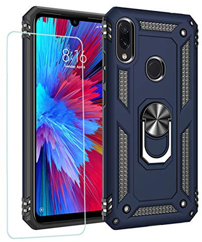 JOYTAG kompatibel Coque Redmi Note 7,Etui + Film de Verre trempé magnétique Support Armure Robuste Antichoc Silicone TPU 360 degré Cas de téléphone de Voiture Bumper-Bleu