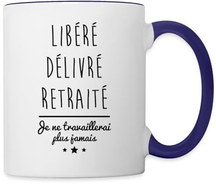 Spreadshirt Libéré Délivré Retraité Cadeau Retraite Mug Bicolore, taille unique, blanc/bleu cobalt