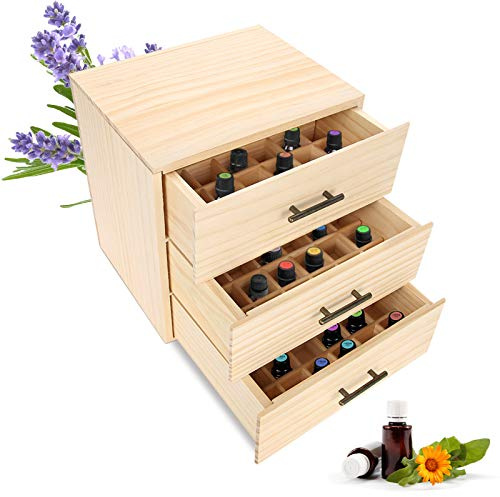 Cocoarm Holzölflaschenbox, 90 Steckplätze 3 Ebenen ätherische Öle Box Aromatherapieöle Organizer Home Duftträgerkoffer mit Schubladen Holzschutzbox für ätherische Öle Gittergröße 3x3cm