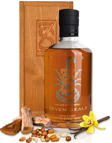 Seven Seals - The Age of Scorpio Premium Single Malt 0,5 I Geschenkset mit Holzbox | Geschmack & Aroma von Vanille, gerösteten Nüssen, Holz | Passendes Geschenk für Sternbild Skorpion | 49.7% Alkohol