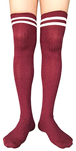 Baumwoll-Zopfmuster Oberschenkelhohe Socke Beinstulpen Lange Winter über Knie Dicke Strümpfe für große Erwachsene Frauen Übergröße W2, burgunderrot, Einheitsgröße