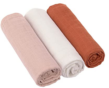 LÄSSIG Baby Puckdecke Spuckdecke Pucktuch Mulltuch 3er Set Baumwolle 85 x 85 cm/Swaddle & Burp Blanket L pink/milky/rust