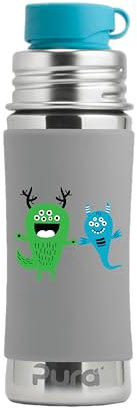 Pura Sport Mini 325 ml Flasche mit Hülle & Silikon Big Mouth Sport Top – Edelstahl, auslaufsicher und auslaufsicher für Kinder, Kleinkinder, Vorschüler – Monster
